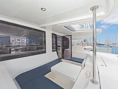 Deck of Satisfaction, a Leopard 48 catamaran at Municipal Unit of Lefkada, Greece