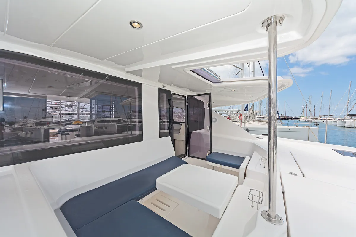Deck of Satisfaction, a Leopard 48 catamaran at Municipal Unit of Lefkada, Greece