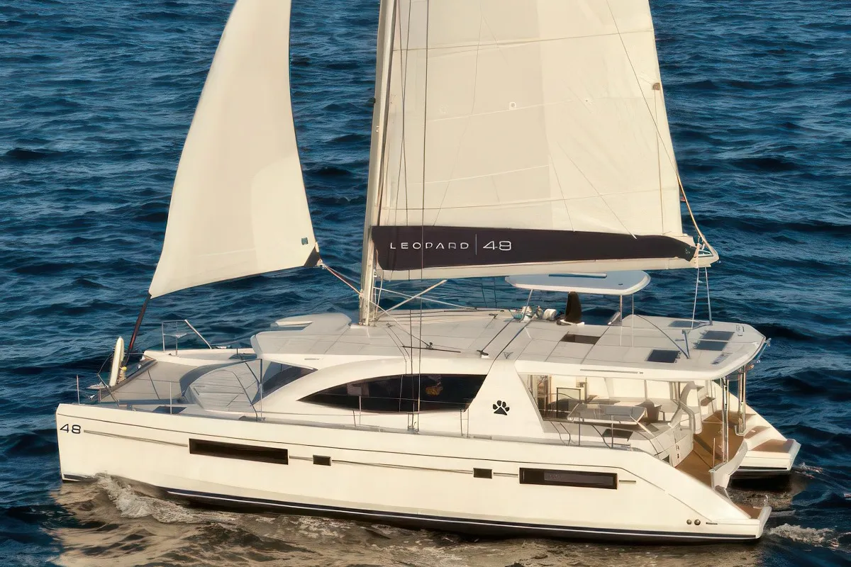 Exterior view of Satisfaction, a Leopard 48 catamaran at Municipal Unit of Lefkada, Greece