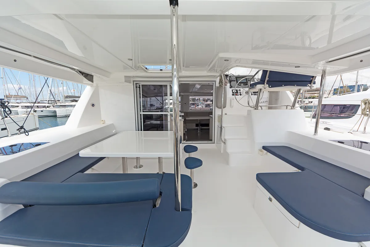 Deck of Satisfaction, a Leopard 48 catamaran at Municipal Unit of Lefkada, Greece