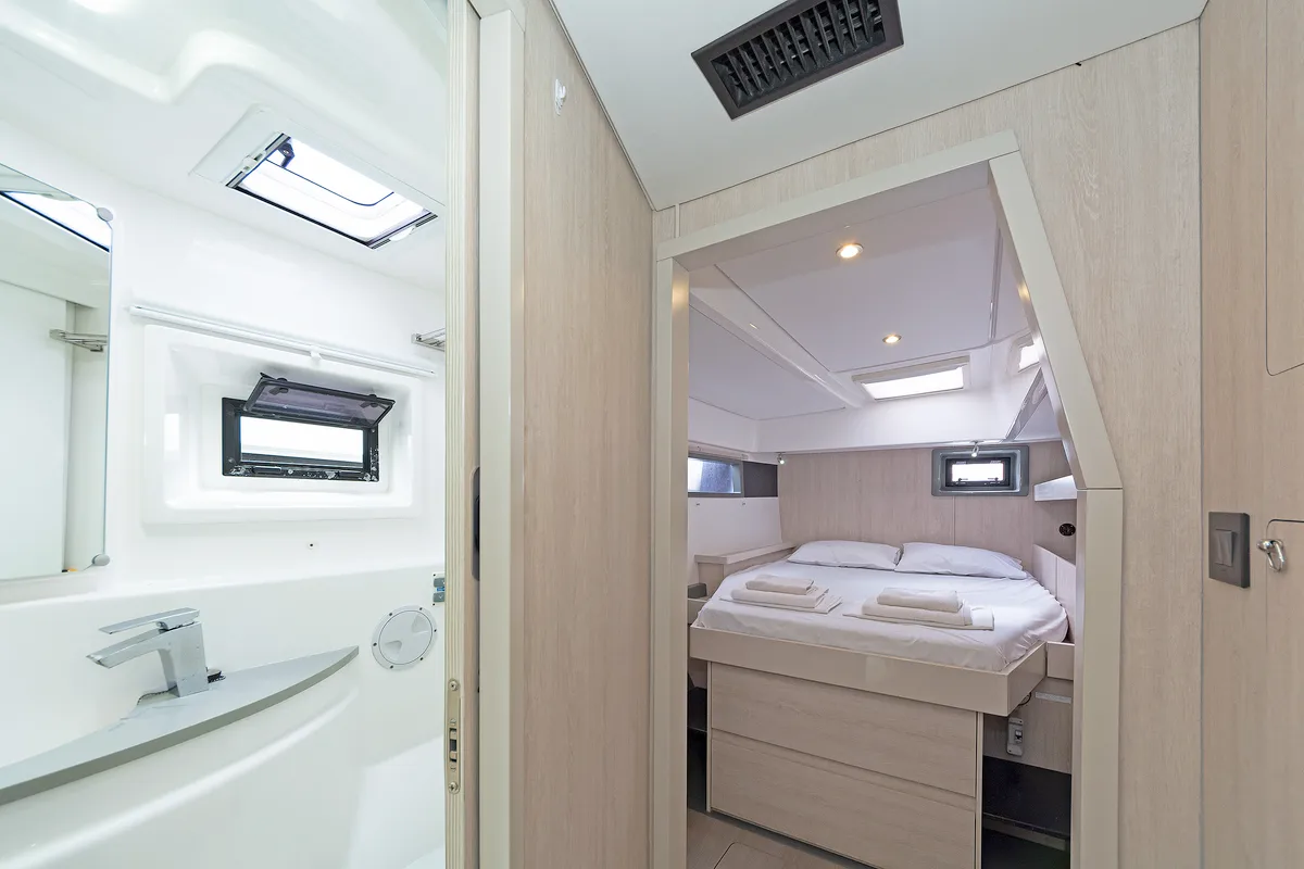 Cabin on Satisfaction, a Leopard 48 catamaran at Municipal Unit of Lefkada, Greece