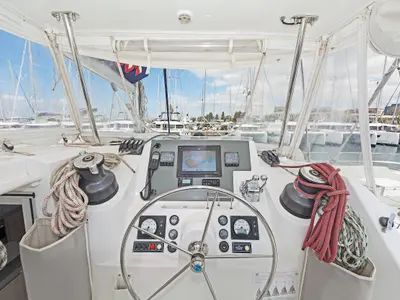 Cockpit of Satisfaction, a Leopard 48 catamaran at Municipal Unit of Lefkada, Greece