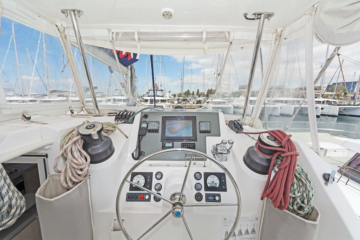 Cockpit of Satisfaction, a Leopard 48 catamaran at Municipal Unit of Lefkada, Greece