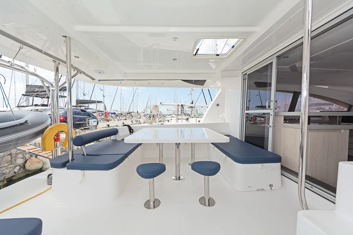 Deck of Satisfaction, a Leopard 48 catamaran at Municipal Unit of Lefkada, Greece