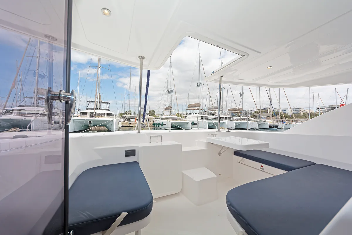 Deck of Satisfaction, a Leopard 48 catamaran at Municipal Unit of Lefkada, Greece