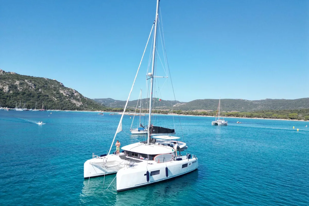 Exterior view of Mare, a Lagoon 42 catamaran at Lu Palau/Palau, Italy