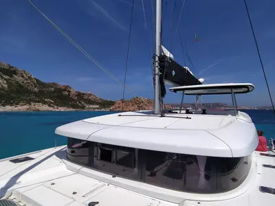 Deck of Mare, a Lagoon 42 catamaran at Lu Palau/Palau, Italy