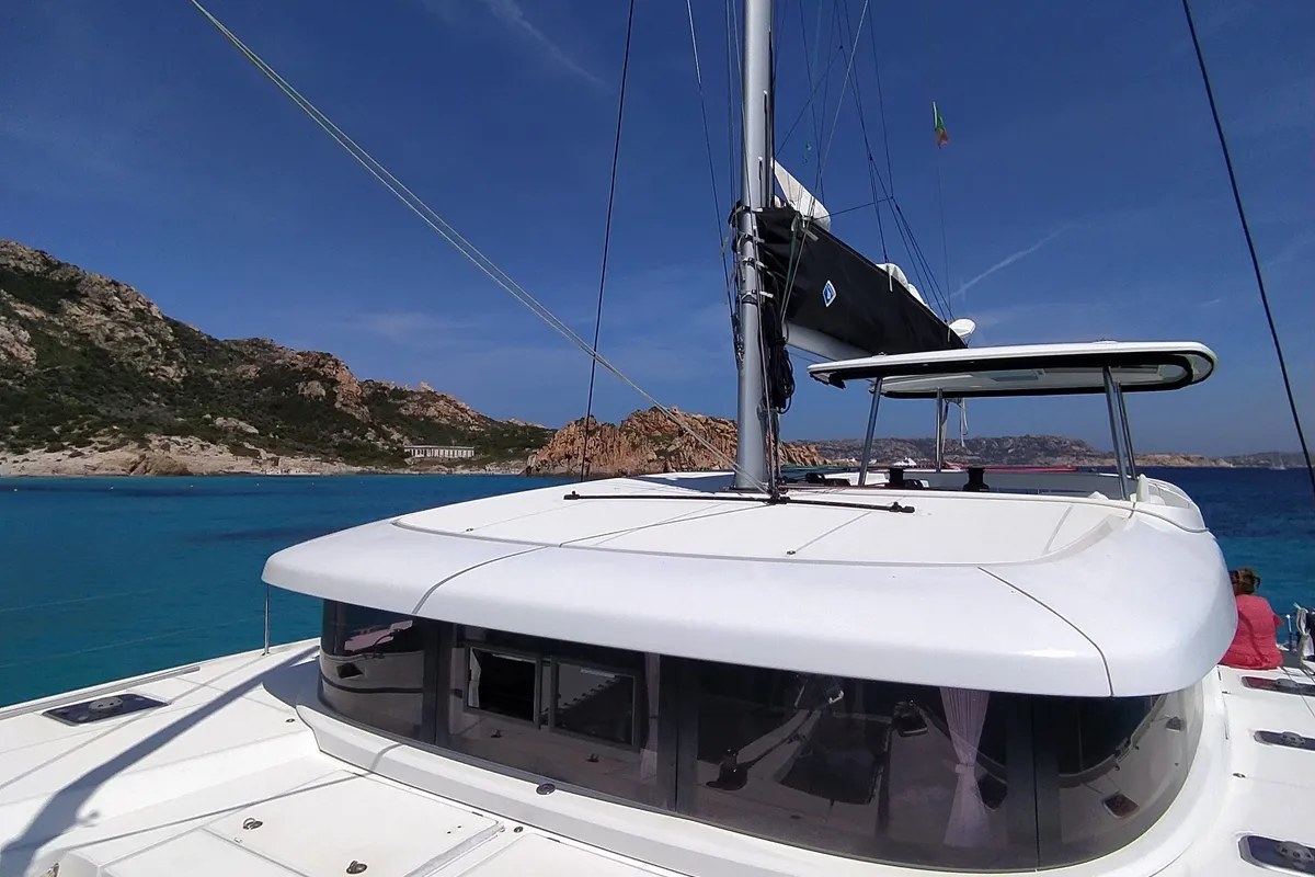 Deck of Mare, a Lagoon 42 catamaran at Lu Palau/Palau, Italy