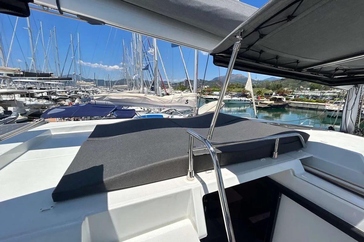Deck of Deutz, a Fountaine Pajot Astrea 42 catamaran at Salerno, Italy