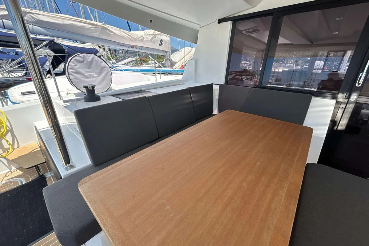 Deck of Deutz, a Fountaine Pajot Astrea 42 catamaran at Salerno, Italy