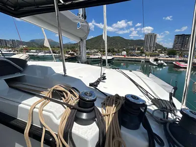 Deck of Deutz, a Fountaine Pajot Astrea 42 catamaran at Salerno, Italy