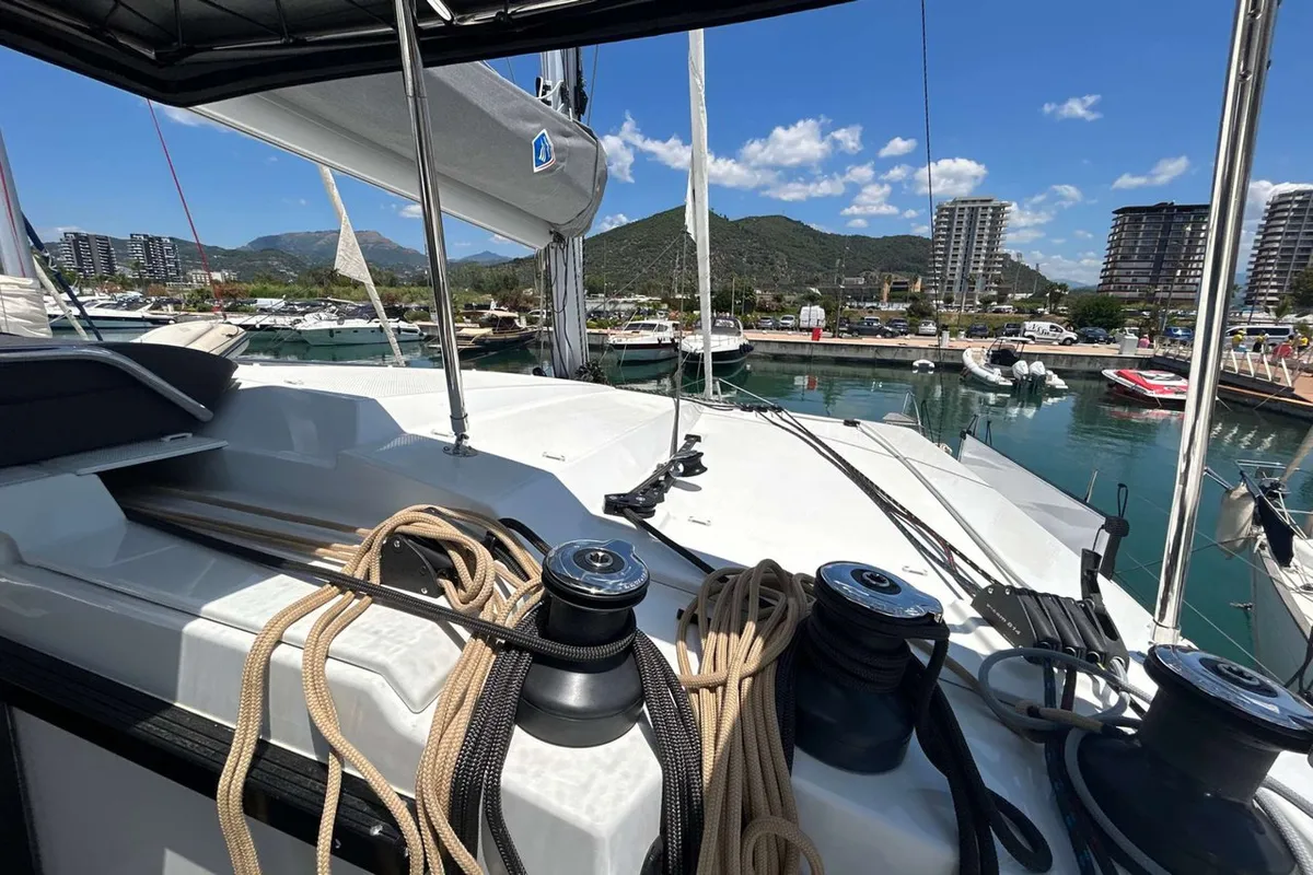 Deck of Deutz, a Fountaine Pajot Astrea 42 catamaran at Salerno, Italy