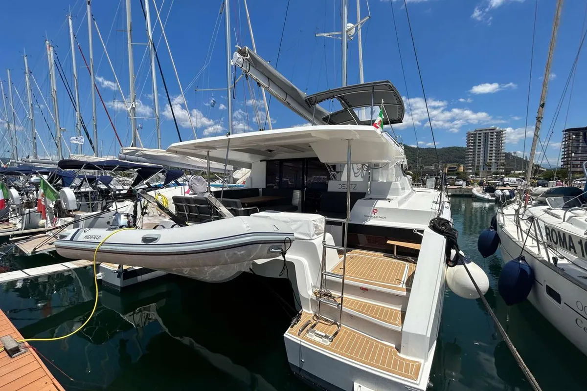 Exterior view of Deutz, a Fountaine Pajot Astrea 42 catamaran at Salerno, Italy