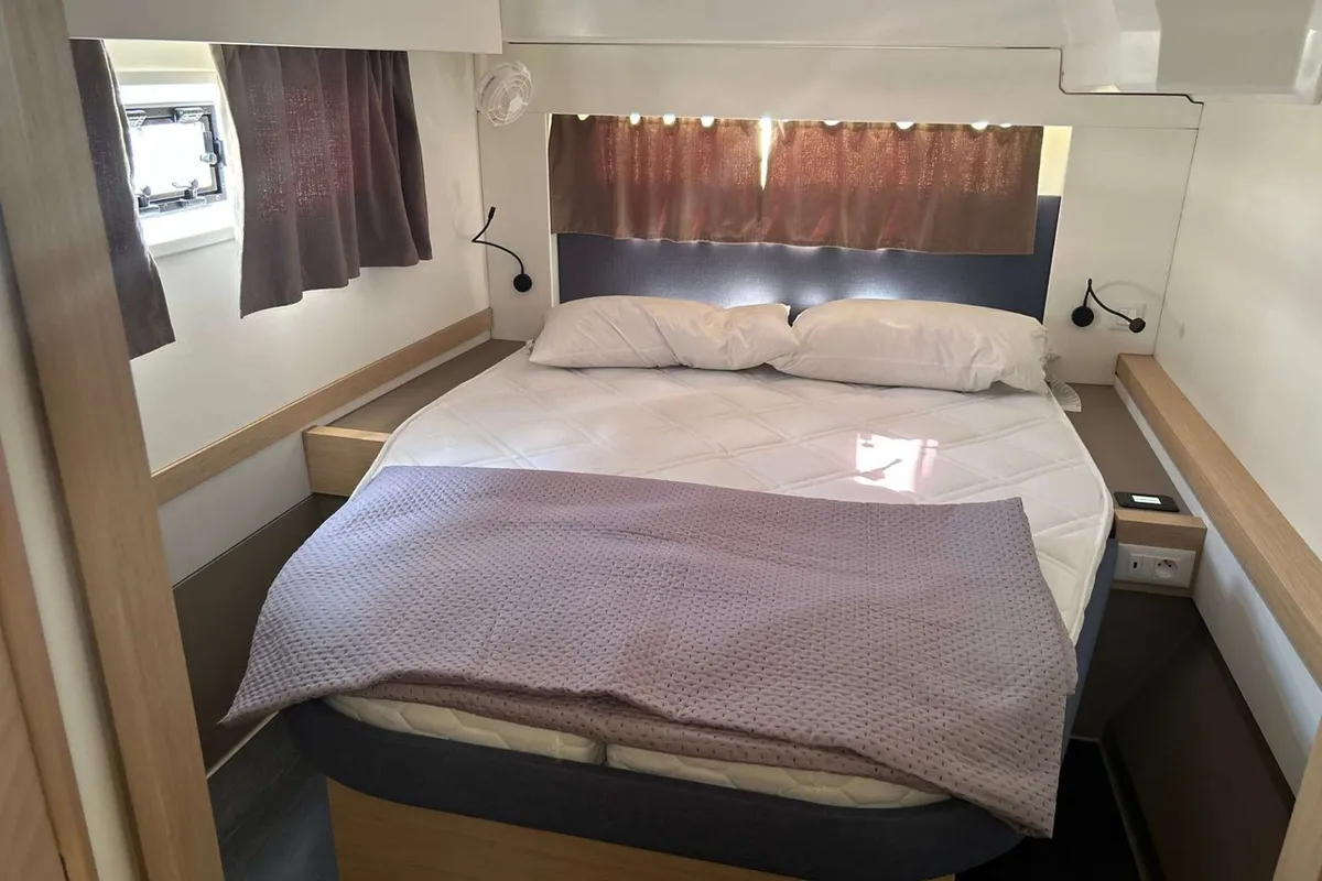 Cabin on Deutz, a Fountaine Pajot Astrea 42 catamaran at Salerno, Italy