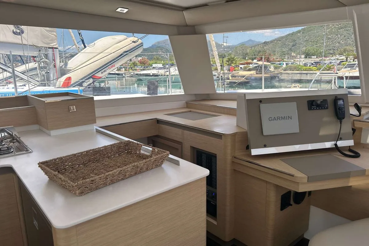 Cockpit of Deutz, a Fountaine Pajot Astrea 42 catamaran at Salerno, Italy
