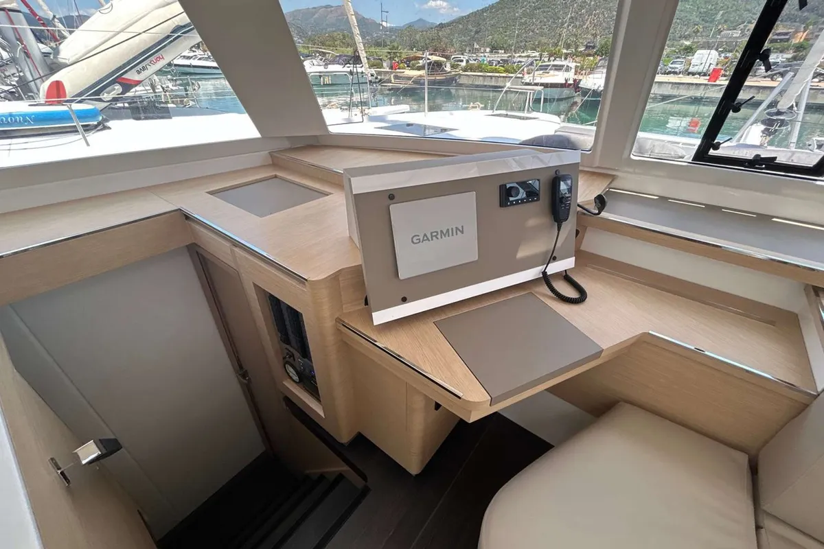 Cockpit of Deutz, a Fountaine Pajot Astrea 42 catamaran at Salerno, Italy