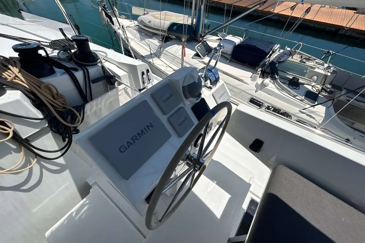 Cockpit of Deutz, a Fountaine Pajot Astrea 42 catamaran at Salerno, Italy