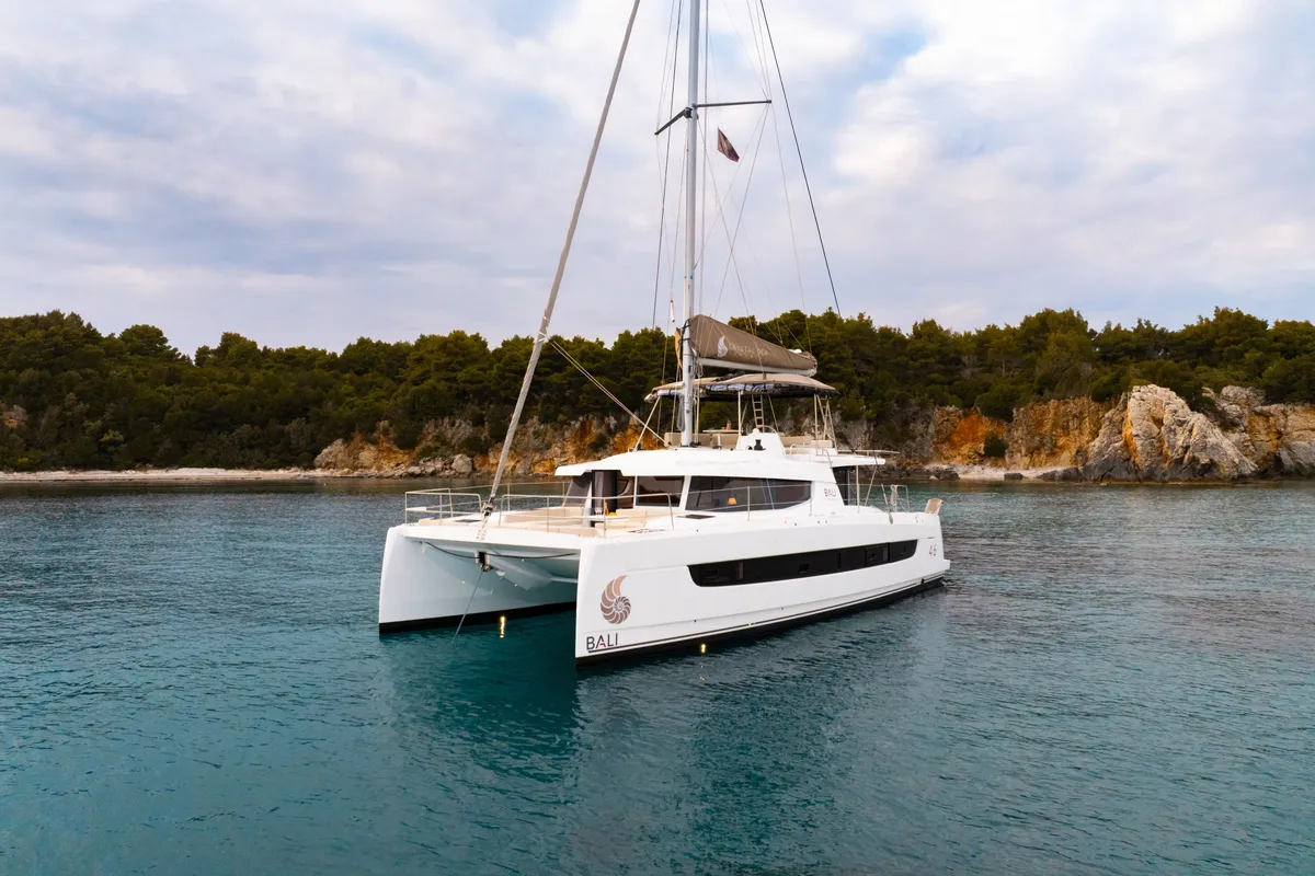 Exterior view of Dream on, a Bali 4.6 catamaran at Preveza, Greece