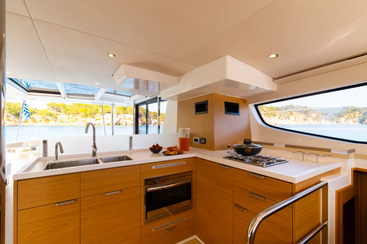 Galley of Dream on, a Bali 4.6 catamaran at Preveza, Greece