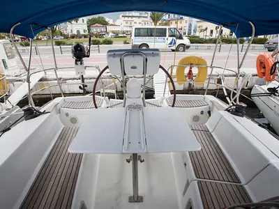 Cockpit of Lauren, a Jeanneau Sun Odyssey 36i sailboat at Volos, Greece