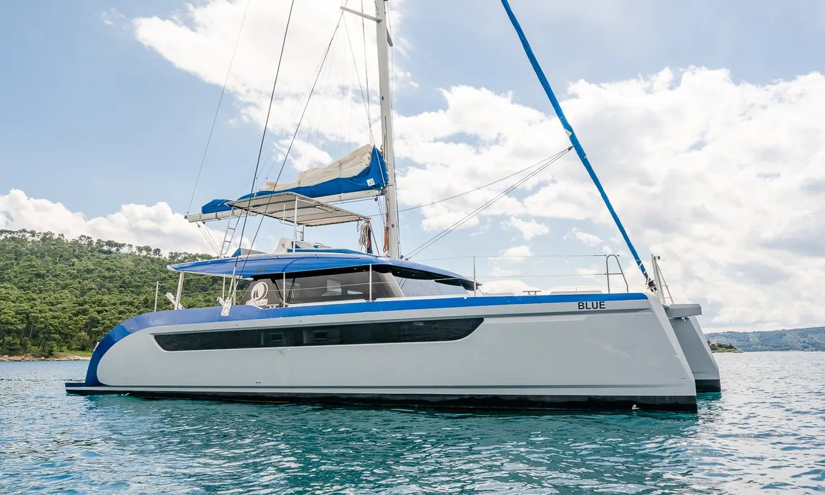 Exterior view of Blue, a Luna 49 catamaran at Split, Croatia