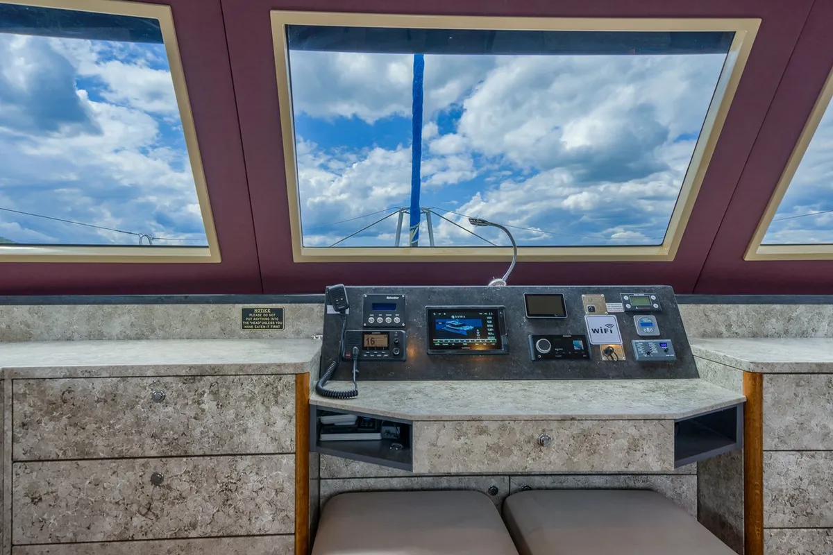 Cockpit of Blue, a Luna 49 catamaran at Split, Croatia