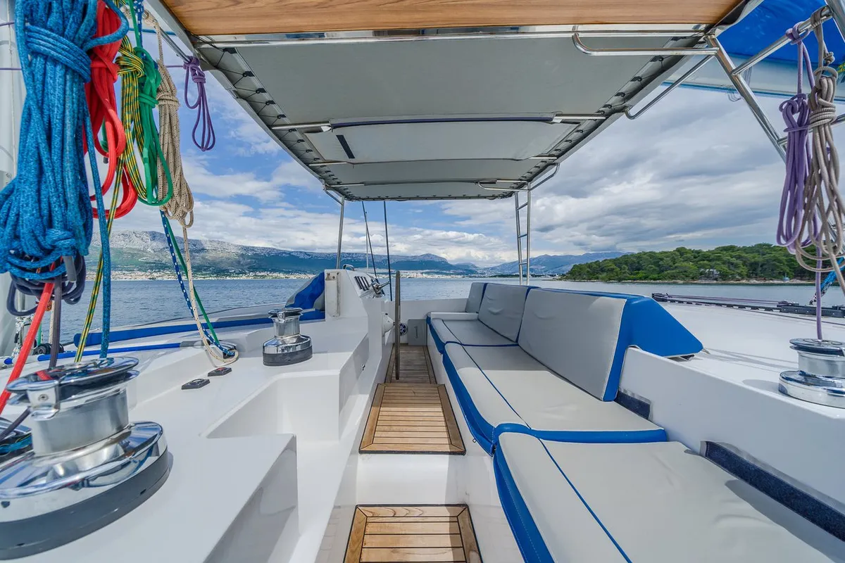Cockpit of Blue, a Luna 49 catamaran at Split, Croatia