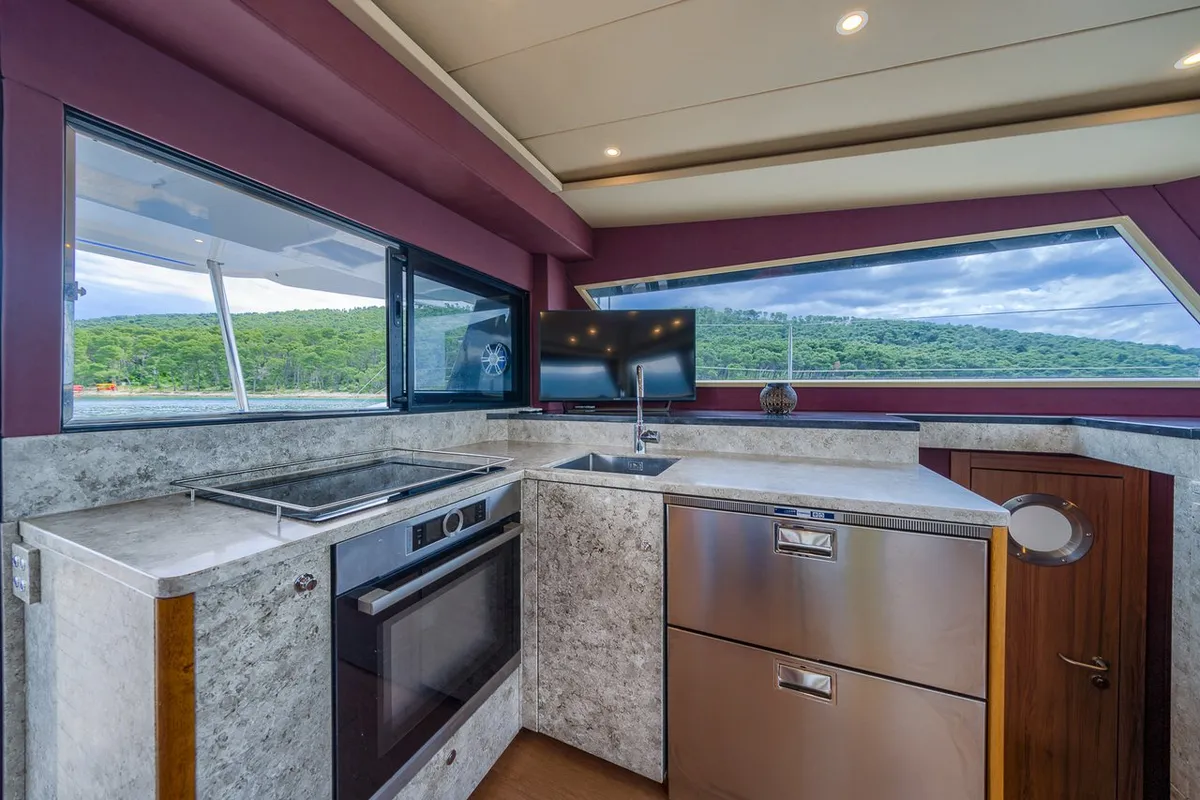 Galley of Blue, a Luna 49 catamaran at Split, Croatia