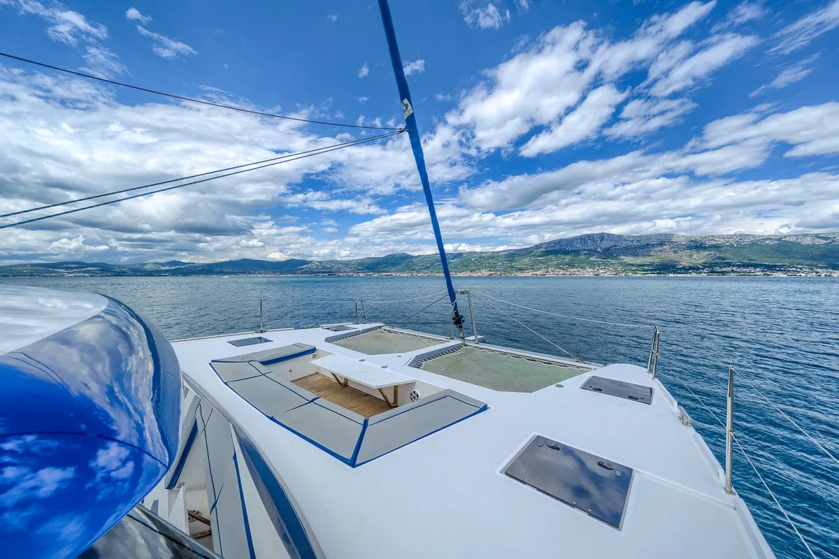 Deck of Blue, a Luna 49 catamaran at Split, Croatia