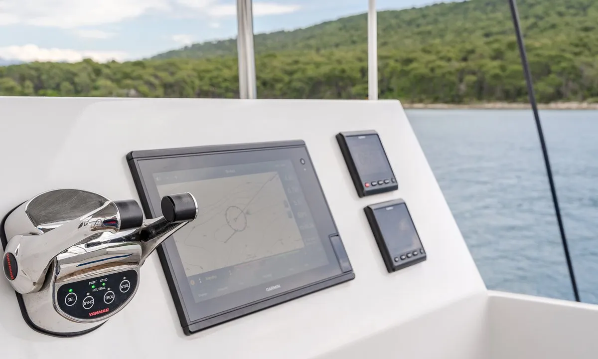 Cockpit of Blue, a Luna 49 catamaran at Split, Croatia