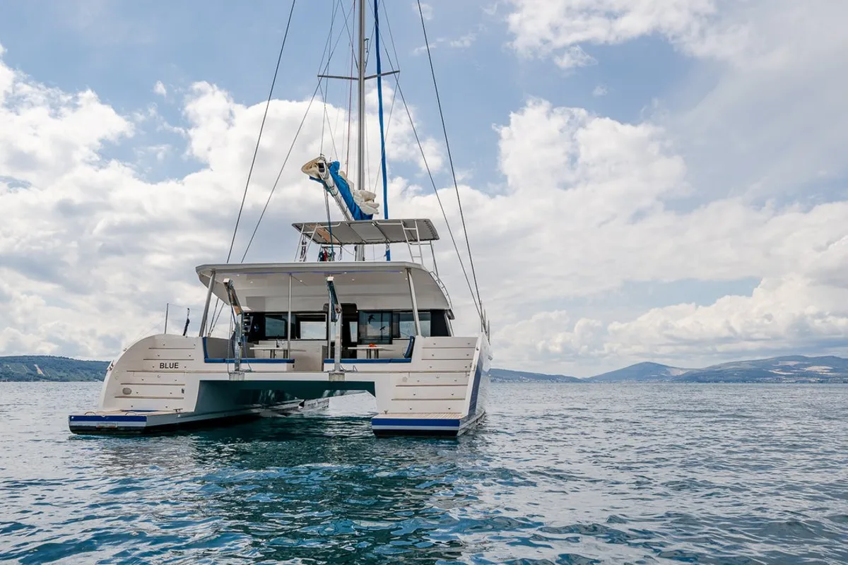 Exterior view of Blue, a Luna 49 catamaran at Split, Croatia