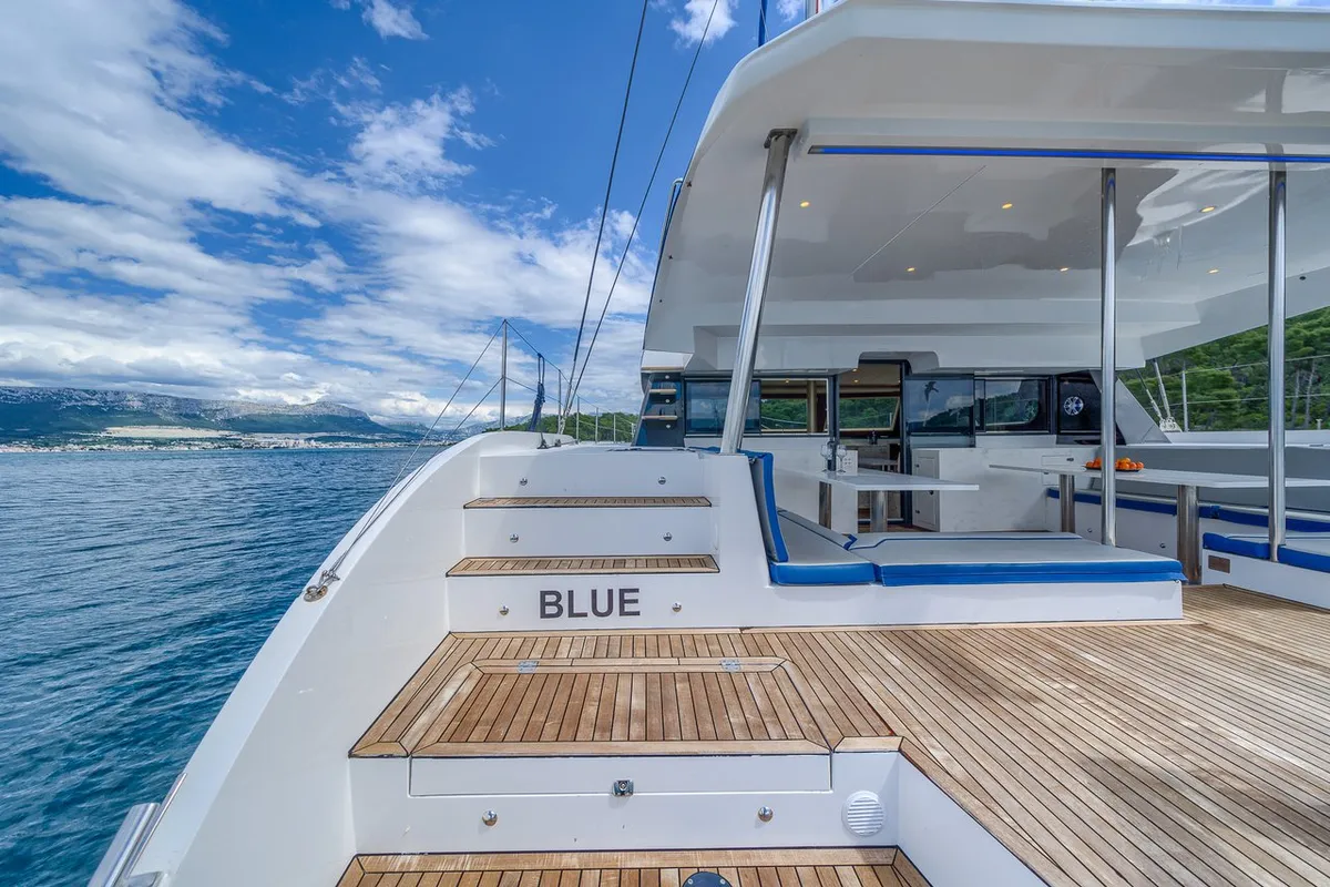 Deck of Blue, a Luna 49 catamaran at Split, Croatia