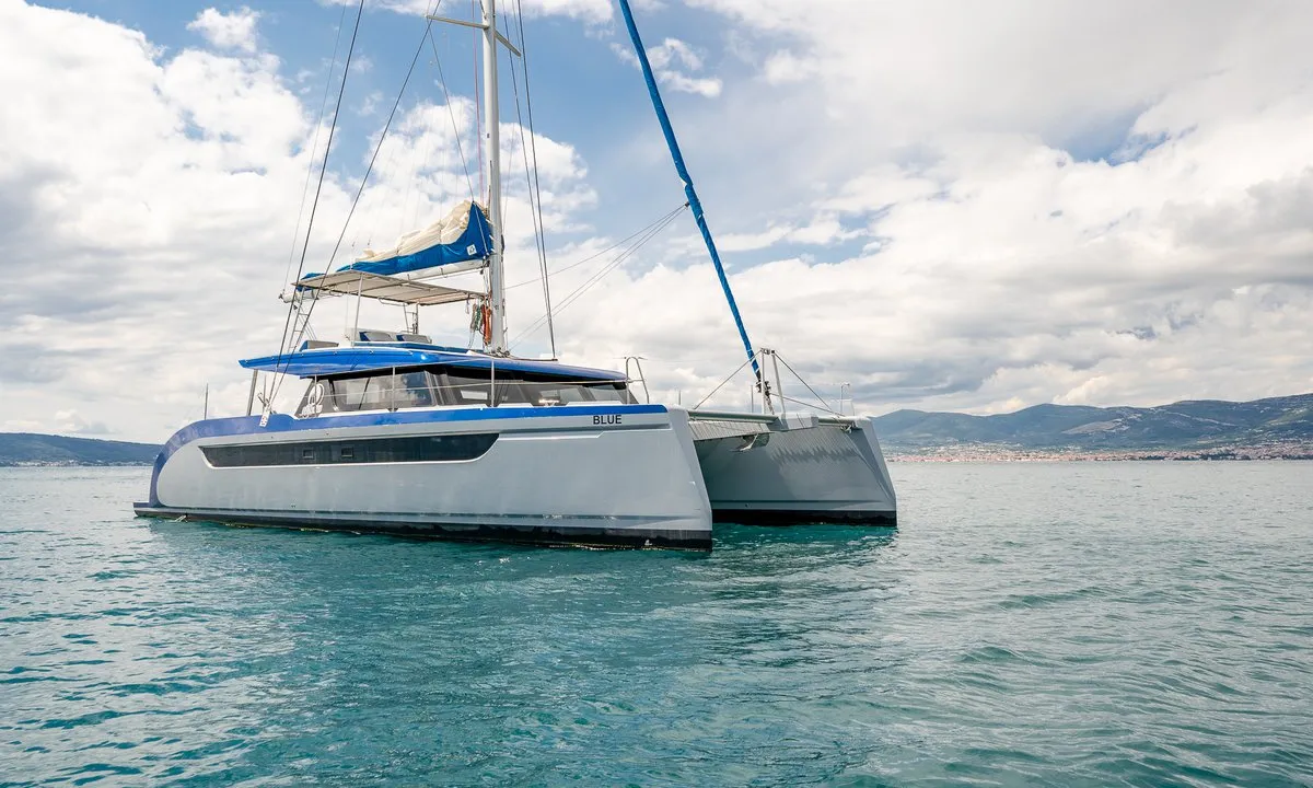 Exterior view of Blue, a Luna 49 catamaran at Split, Croatia