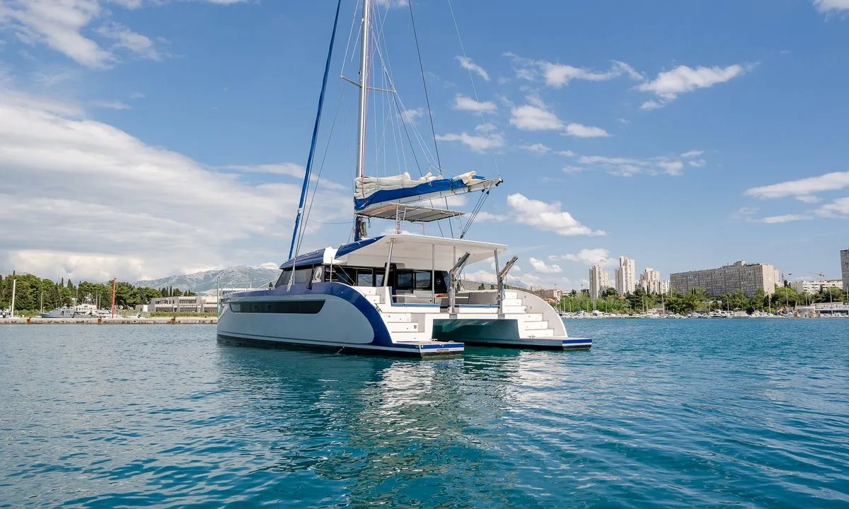 Exterior view of Blue, a Luna 49 catamaran at Split, Croatia