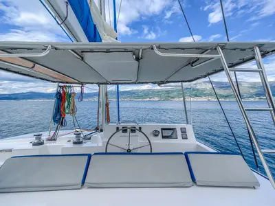 Cockpit of Blue, a Luna 49 catamaran at Split, Croatia