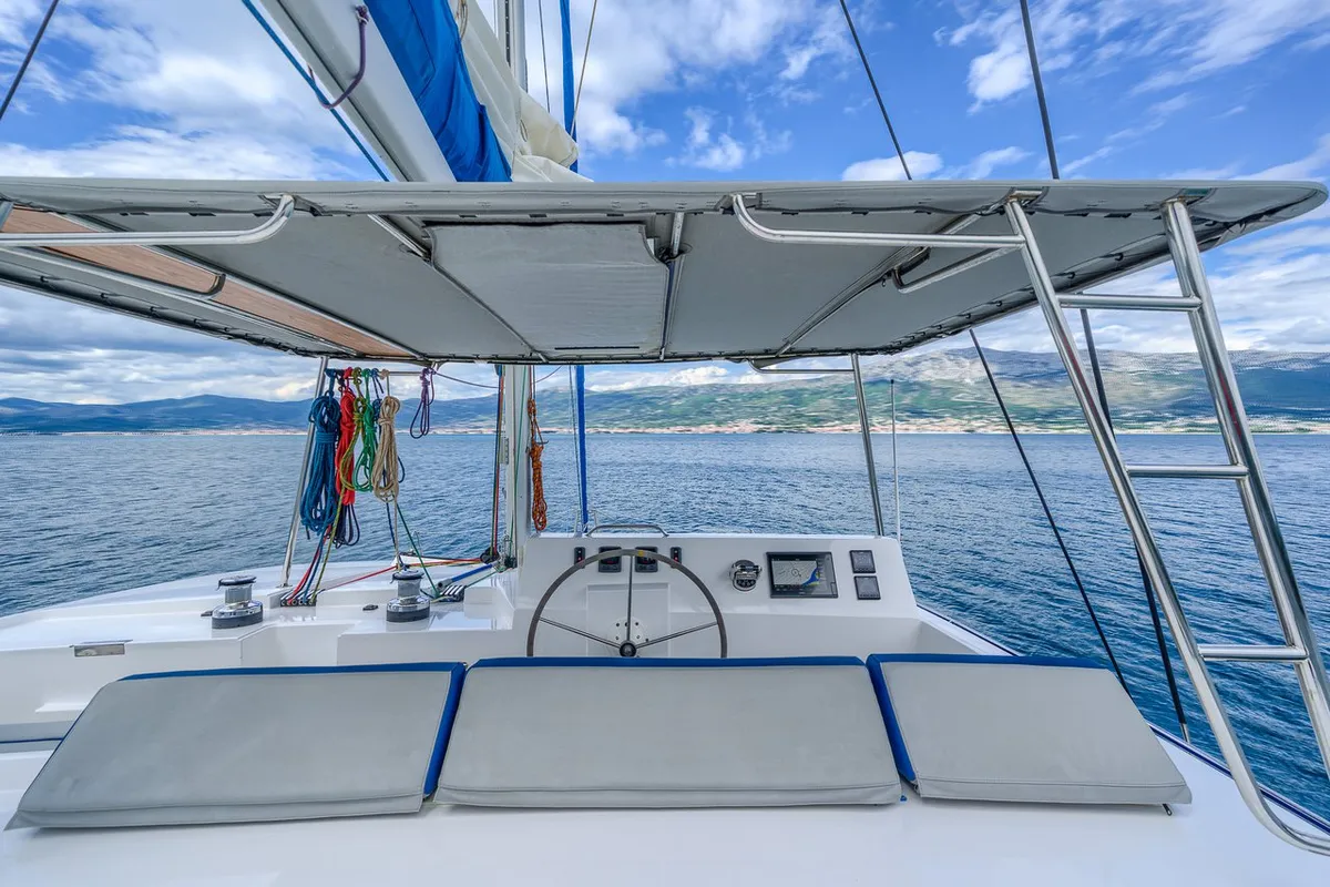 Cockpit of Blue, a Luna 49 catamaran at Split, Croatia