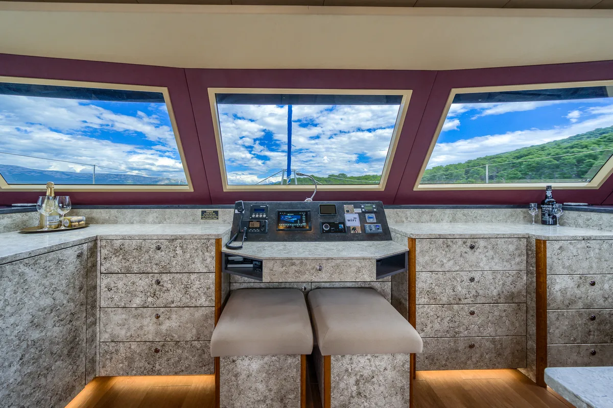 Cockpit of Blue, a Luna 49 catamaran at Split, Croatia
