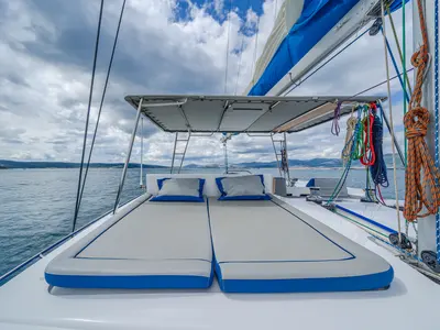 Deck of Blue, a Luna 49 catamaran at Split, Croatia