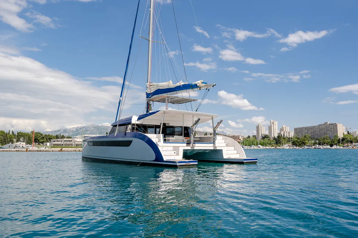 Exterior view of Blue, a Luna 49 catamaran at Split, Croatia