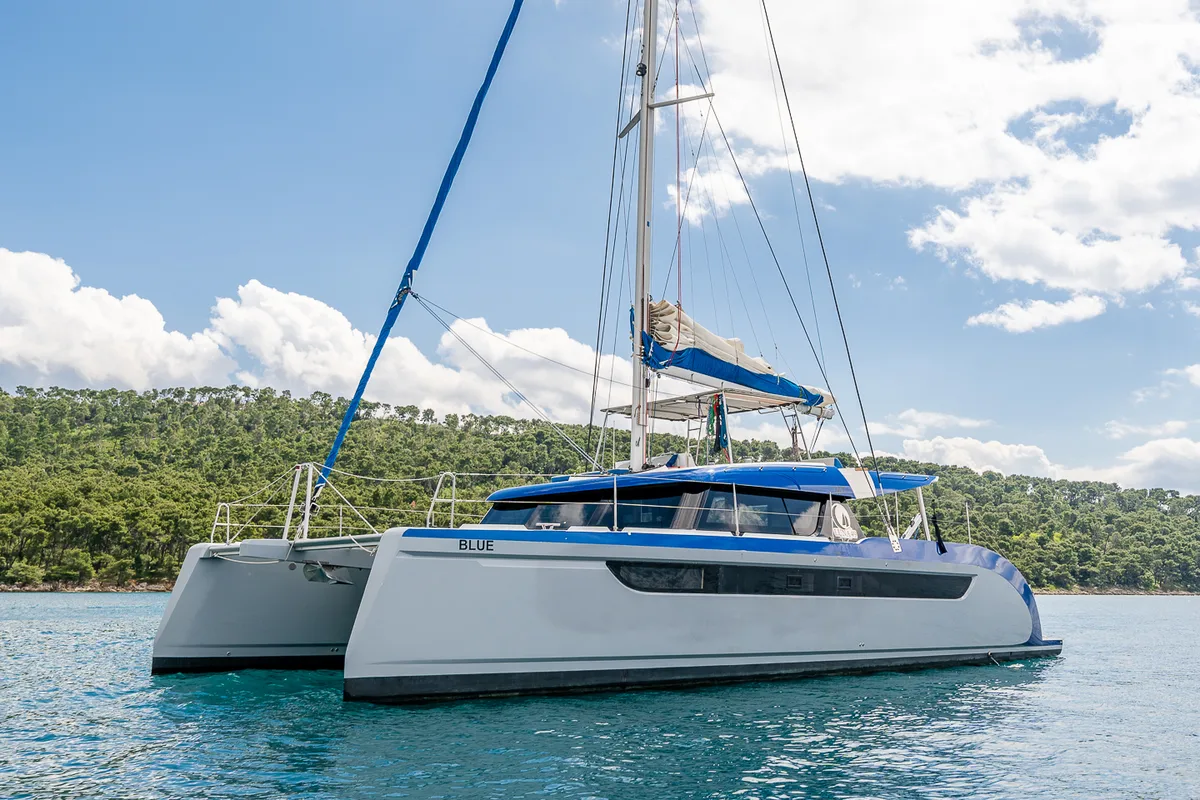 Exterior view of Blue, a Luna 49 catamaran at Split, Croatia