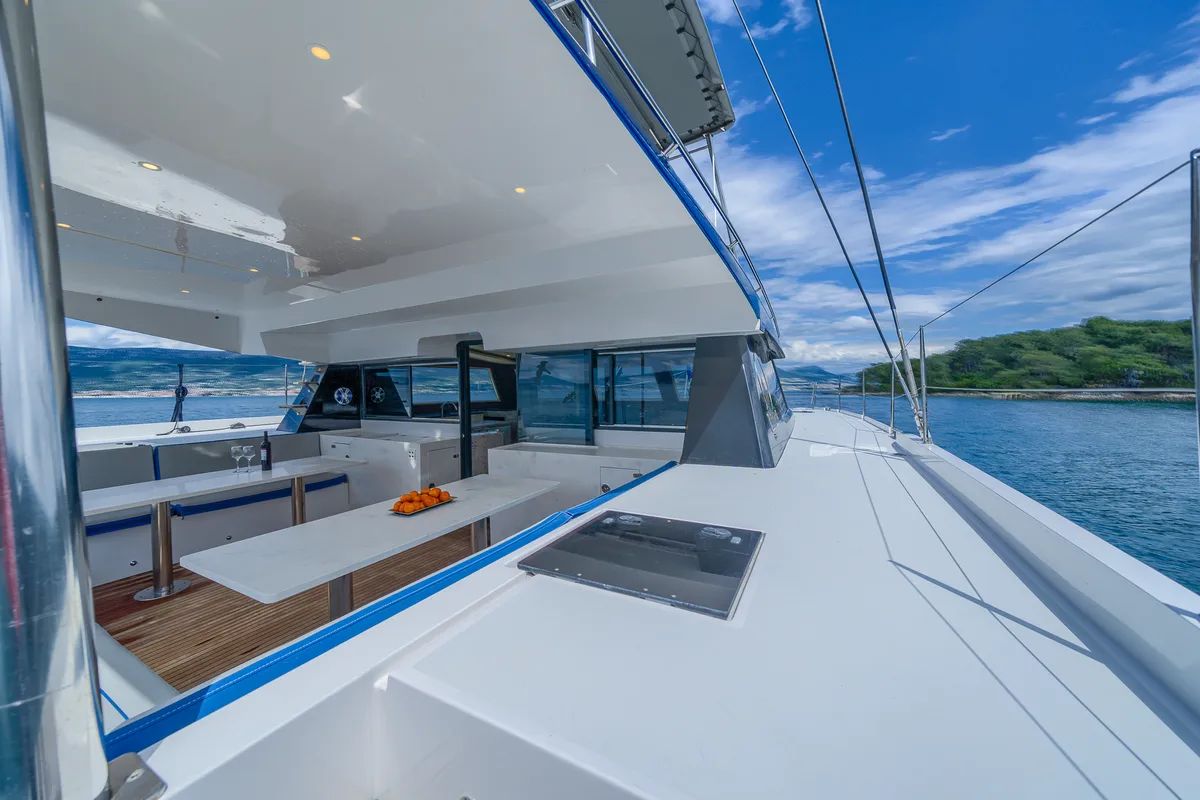 Deck of Blue, a Luna 49 catamaran at Split, Croatia