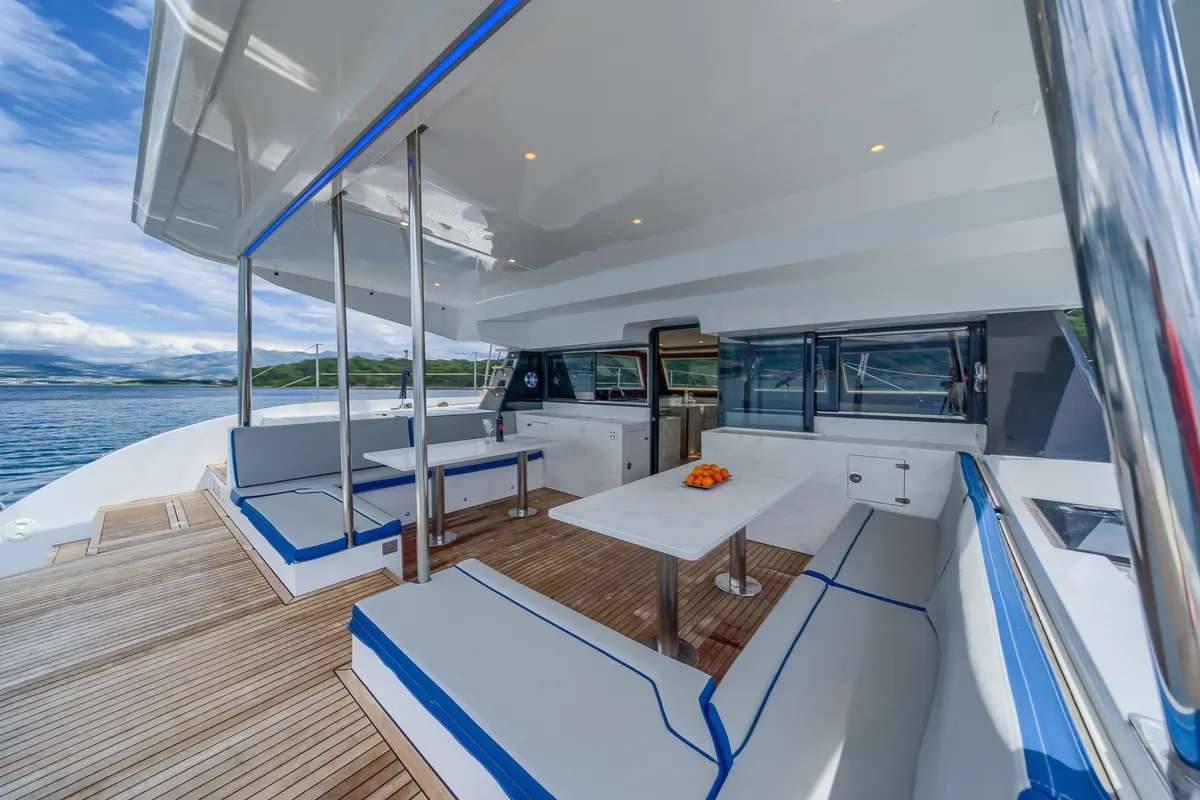 Cockpit of Blue, a Luna 49 catamaran at Split, Croatia