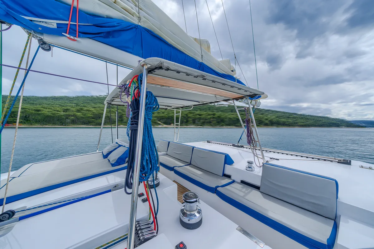Exterior view of Blue, a Luna 49 catamaran at Split, Croatia