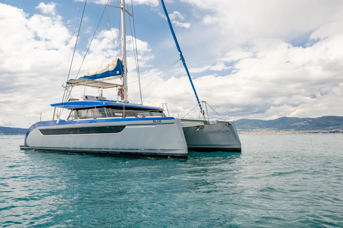 Exterior view of Blue, a Luna 49 catamaran at Split, Croatia