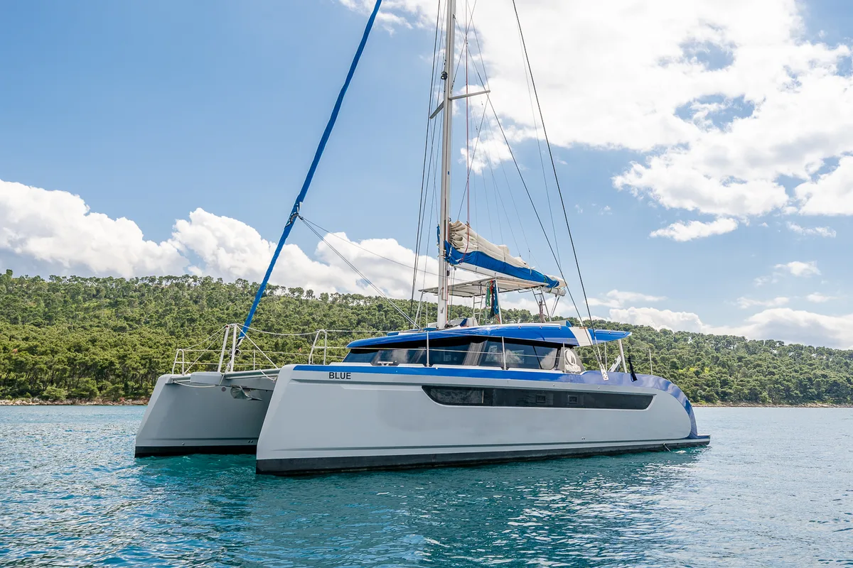 Exterior view of Blue, a Luna 49 catamaran at Split, Croatia