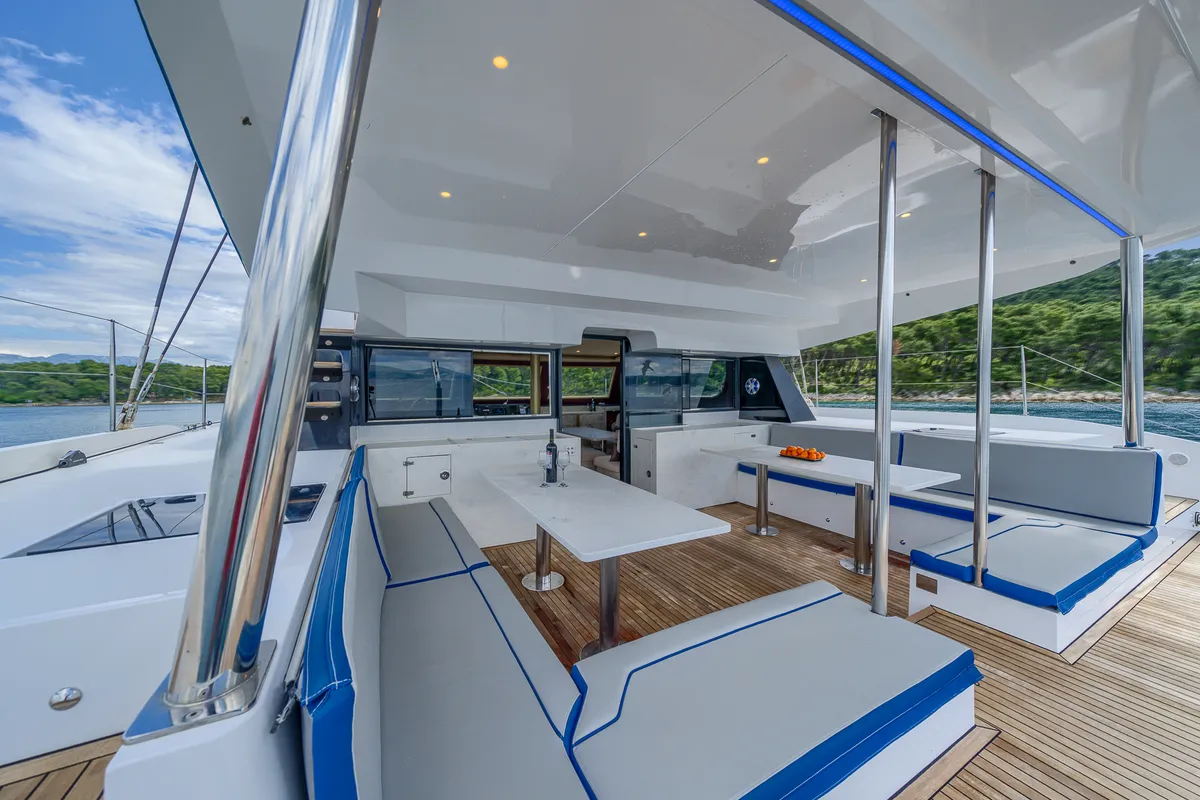Deck of Blue, a Luna 49 catamaran at Split, Croatia