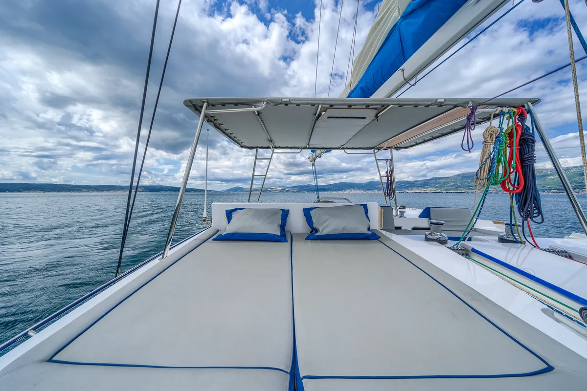 Deck of Blue, a Luna 49 catamaran at Split, Croatia