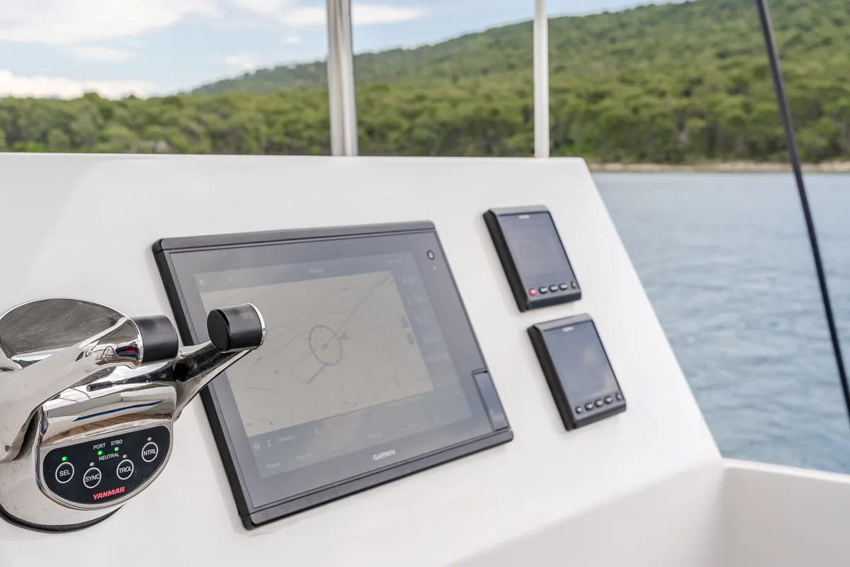Cockpit of Blue, a Luna 49 catamaran at Split, Croatia