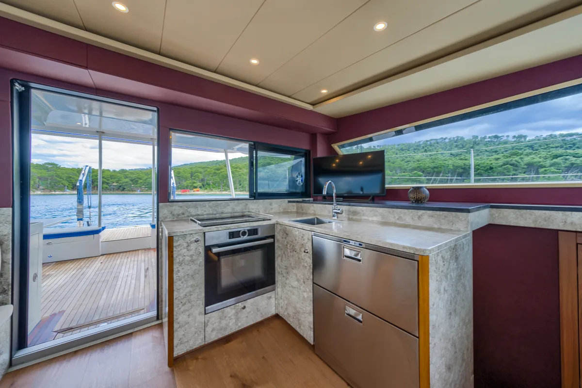 Galley of Blue, a Luna 49 catamaran at Split, Croatia