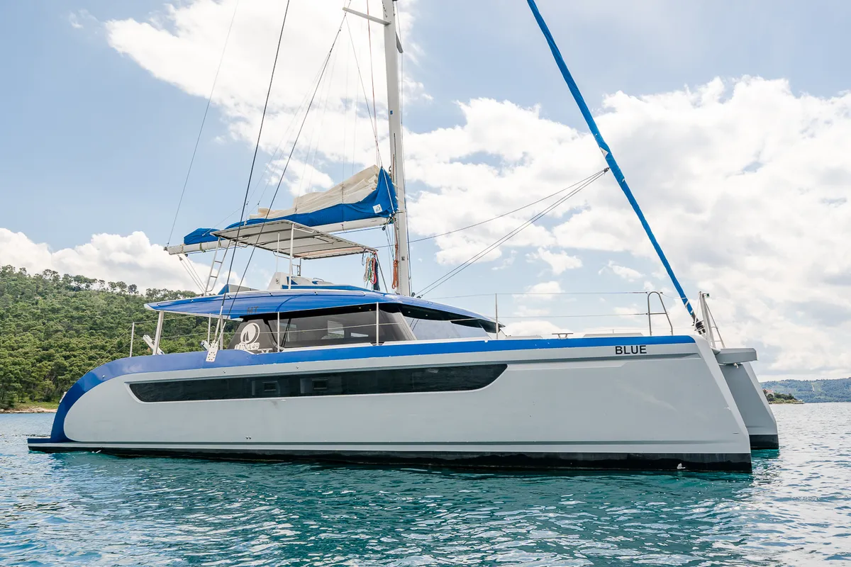 Exterior view of Blue, a Luna 49 catamaran at Split, Croatia